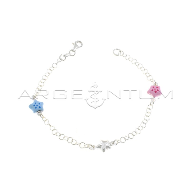 Giotto mesh bracelet with central paired star and paired pink and blue enameled side stars in 925 silver