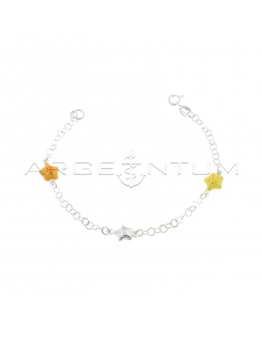 Giotto flat mesh bracelet with central paired star and paired yellow and orange enamelled side stars in 925 silver