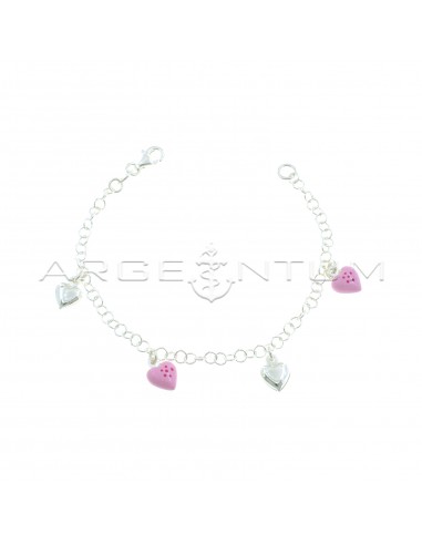 Bracciale maglia giotto con cuori accoppiati pendenti smaltati rosa alternati a cuori lucidi in argento 925