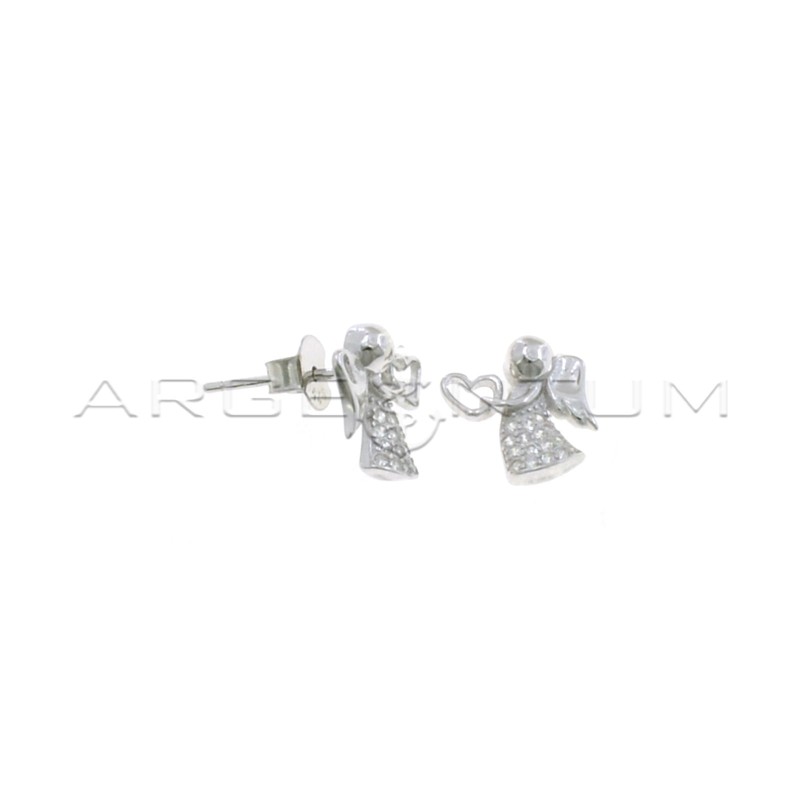 Angel lobe earrings with pierced heart and white gold plated white zircon pave dress in 925 silver