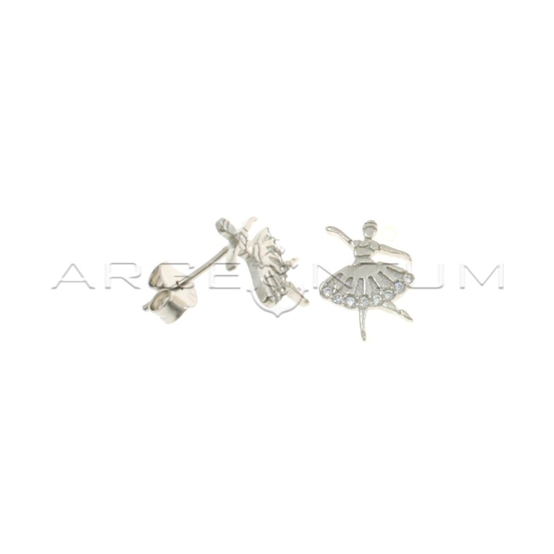 White gold plated engraved plate ballerina lobe earrings with white half zirconia in 925 silver