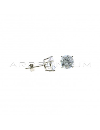 Point of light earrings with white zircon with 4 claws of 8 mm on a white gold plated base in 925 silver