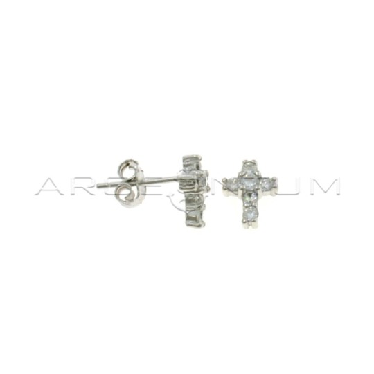 Orecchini al lobo croce zirconata bianca 7X9 mm placcati oro bianco in argento 925