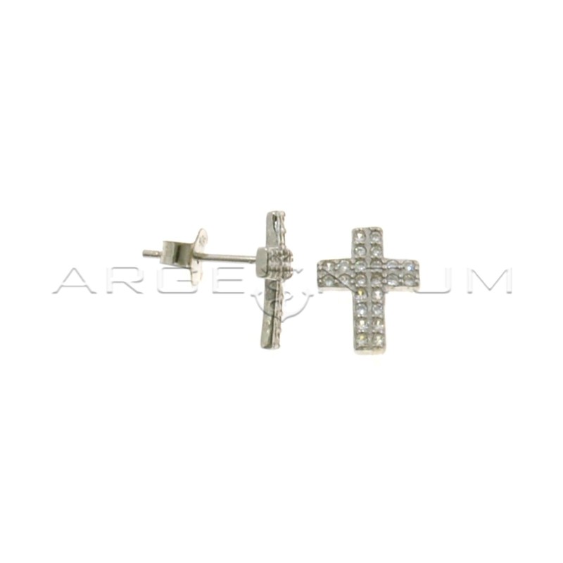 White gold plated white cubic zirconia cross lobe earrings in 925 silver