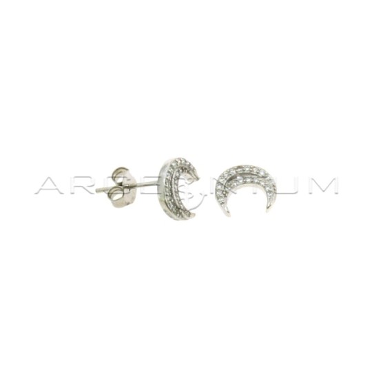 White gold plated white zirconia crescent shape lobe earrings in 925 silver