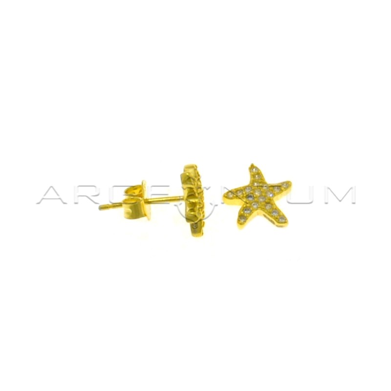 Starfish lobe earrings with white zircons pave yellow gold plated in 925 silver