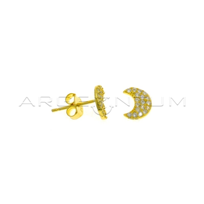 Moon lobe earrings with white zircons pave yellow gold plated in 925 silver