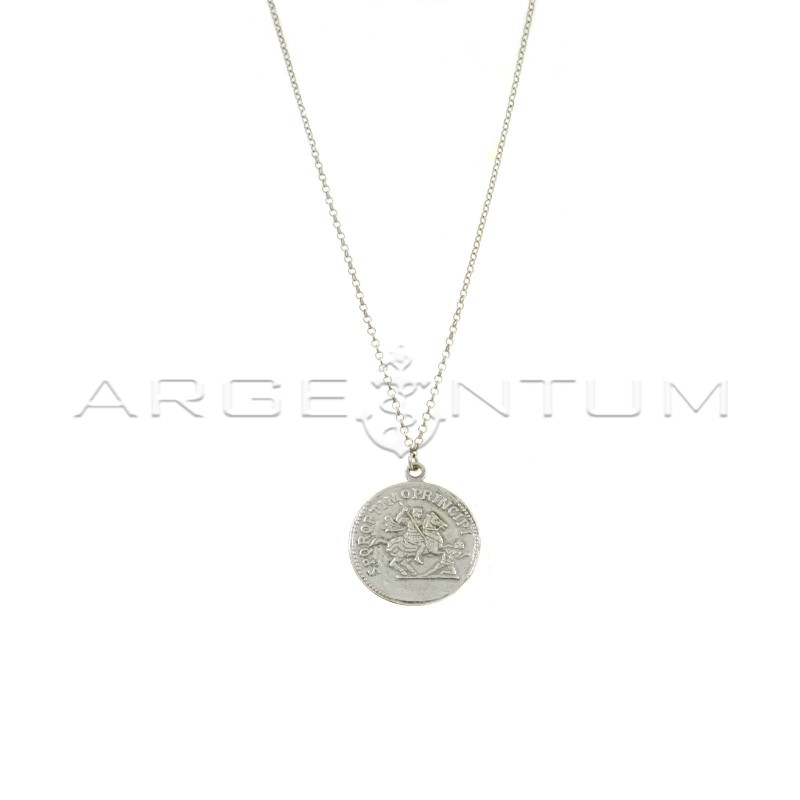 Diamond-coated rolo chain necklace with coupled coin, white gold plated central pendant in 925 silver