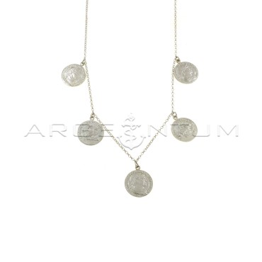 Diamond-coated rolo chain necklace with 5 paired coins pendants white gold plated in 925 silver