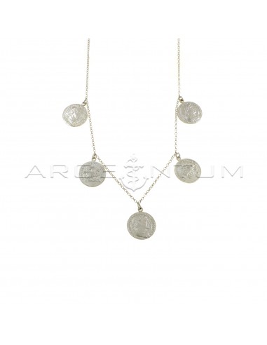 Diamond-coated rolo chain necklace with 5 paired coins pendants white gold plated in 925 silver