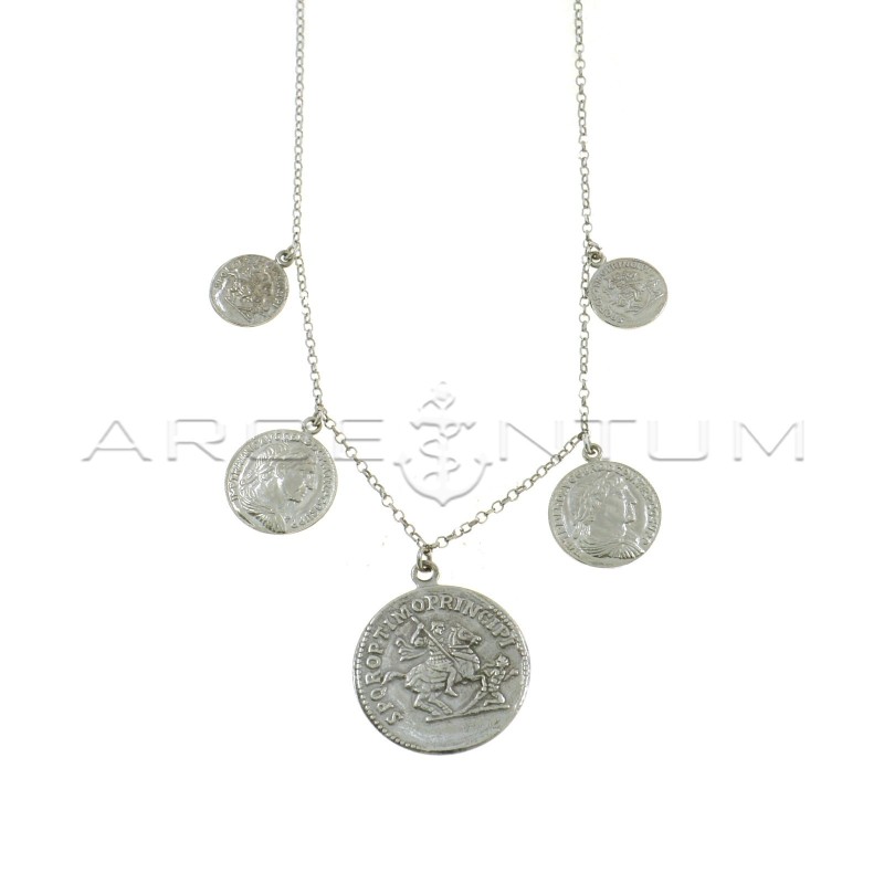 Diamond-coated rolo chain necklace with 5 degradé coins coupled with white gold plated pendants in 925 silver