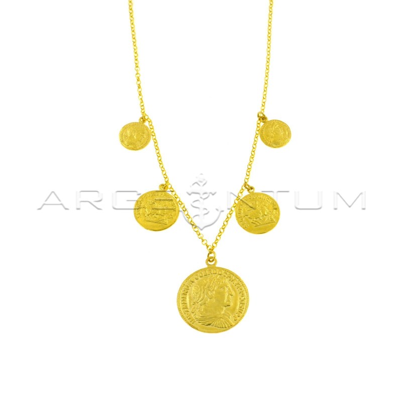 Diamond-coated rolò necklace with 5 degradé coins coupled with yellow gold plated pendants in 925 silver