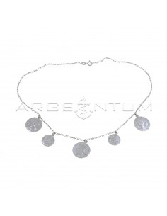 Diamond-coated rolo chain necklace with 5 paired coins pendants white gold plated in 925 silver