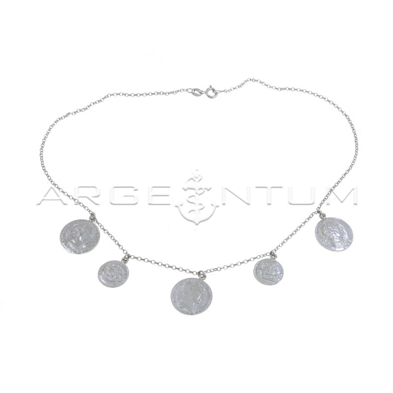 Collana maglia rolò diamantata con 5 monete accoppiate pendenti placcata oro bianco in argento 925