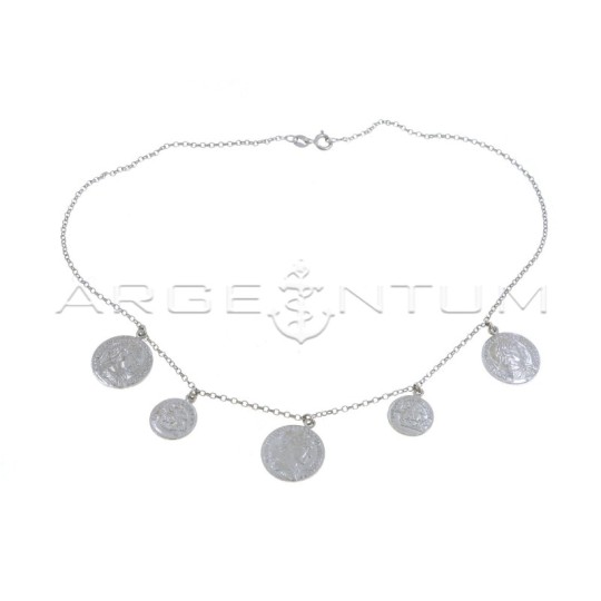 Collana maglia rolò diamantata con 5 monete accoppiate pendenti placcata oro bianco in argento 925