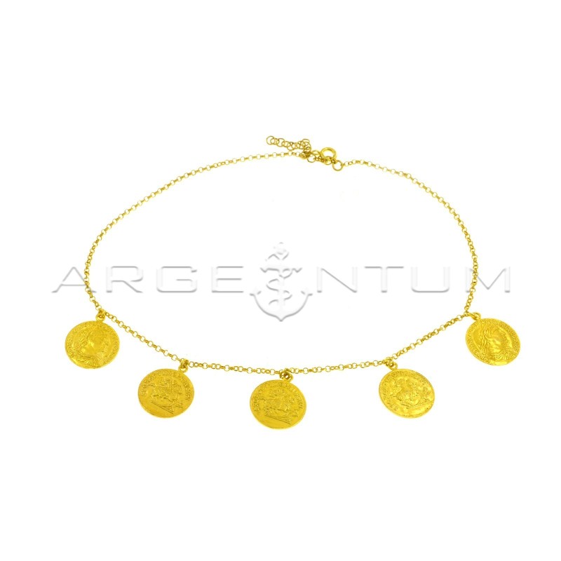 Diamond-coated rolo chain necklace with 5 coupled coins yellow gold plated pendants in 925 silver