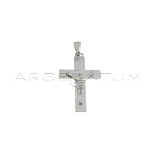 Plate cross pendant with cast Christ in white gold plated 925 silver