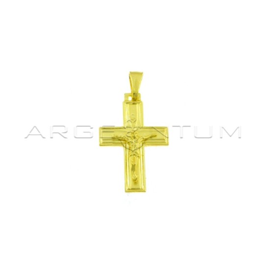 Ciondolo croce satinata con bordo inciso e cristo microfuso placcato oro giallo in argento 925