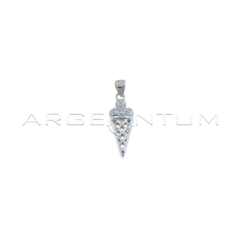 White semi-zircon ice cream pendant with white gold plated openwork cone in 925 silver