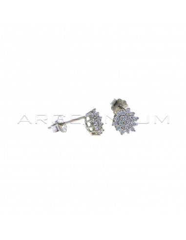 White gold plated white cubic zirconia pave flower earrings in 925 silver