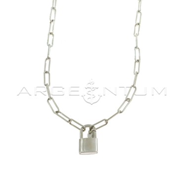 Rectangular tubular section link necklace with white gold plated front padlock closure in 925 silver