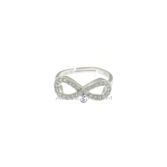 Adjustable ring with central infinity white zircon plated white gold in 925 silver