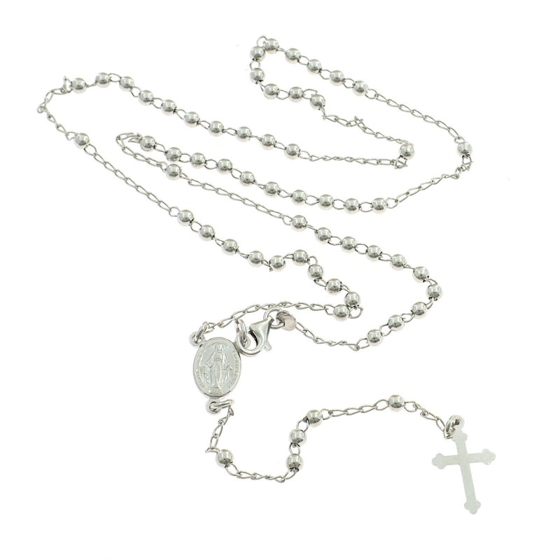 White gold plated Y rosary necklace with 3 mm smooth sphere in 925 silver (50 cm)