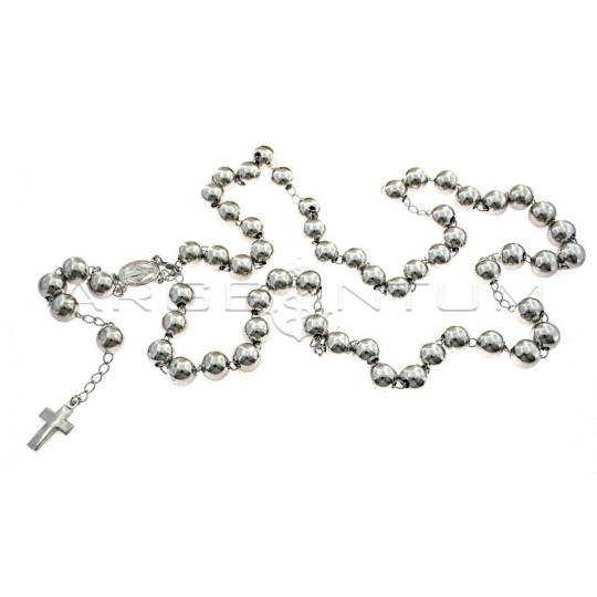 White gold plated Y rosary necklace with 10 mm smooth sphere in 925 silver (80 cm)