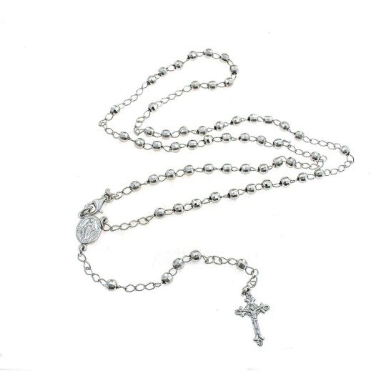 Collana rosario a Y placcata oro bianco con sfera faccettata da 4 mm in argento 925 (60 cm)