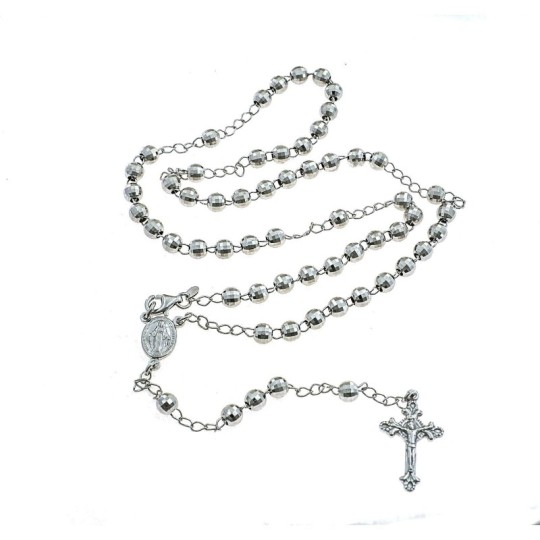 Collana rosario a Y placcato oro bianco con sfera faccettata da 5 mm in argento 925 (50 cm)