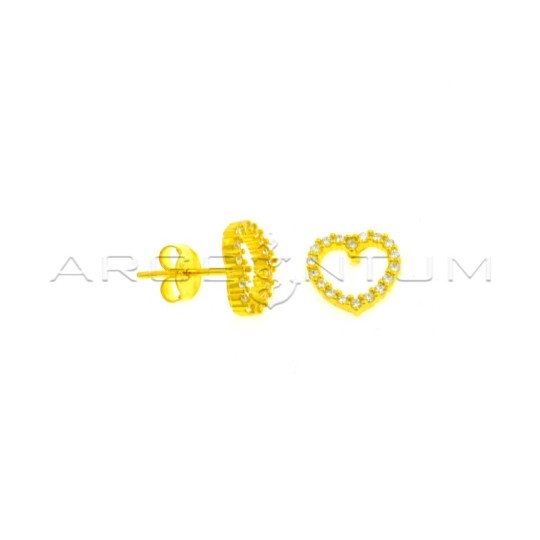 Yellow gold plated white zircon heart shape lobe earrings in 925 silver