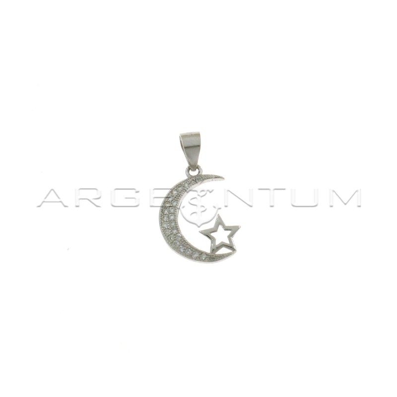 White zircon moon pendant with shiny star shape white gold plated in 925 silver