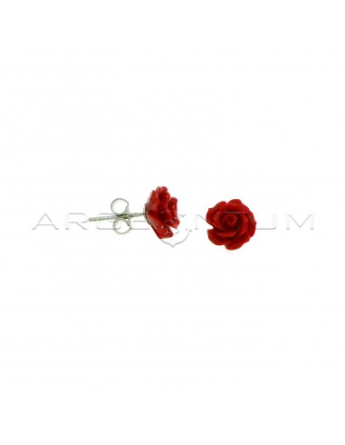 Pink lobe earrings in red resin with white gold plated snap attachment in 925 silver