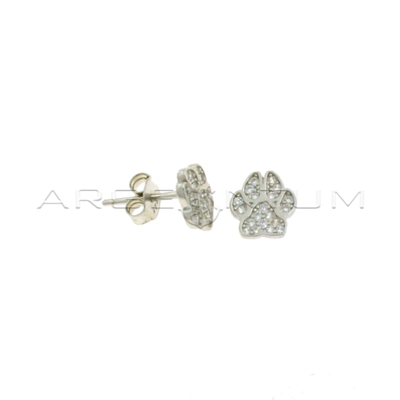 White gold plated white zircon paw lobe earrings in 925 silver