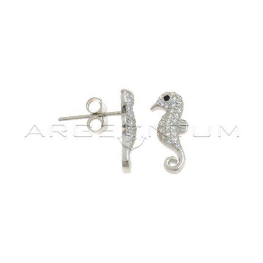 White semi-zircon seahorse lobe earrings with white gold plated black zircon eye in 925 silver