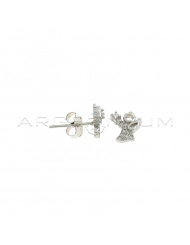 White semizirconated angel lobe earrings with pierced wing and head and white light point, white gold plated in 925 silver