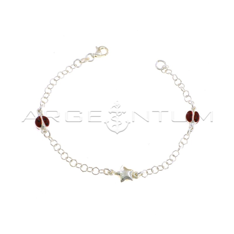 Giotto mesh bracelet with coupled side enameled ladybugs and central coupled star in 925 silver