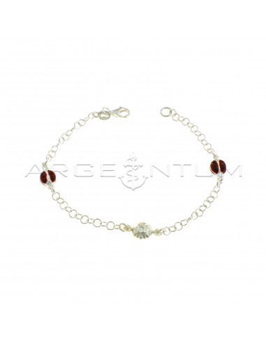 Giotto mesh bracelet with coupled side enameled ladybugs and central coupled sun in 925 silver