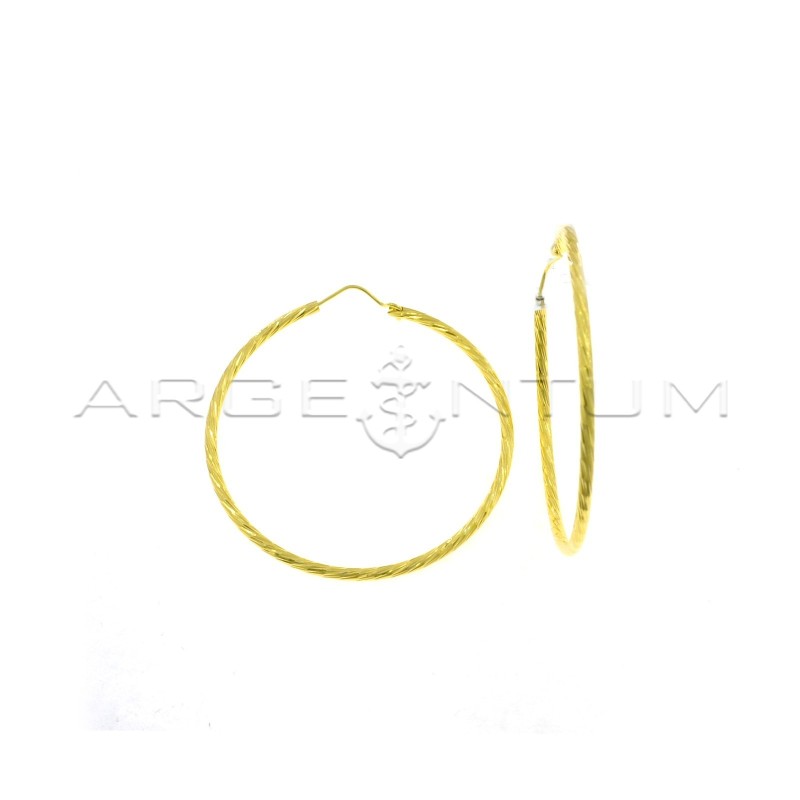 Transversal diamond hoop earrings ø 50 mm yellow gold plated in 925 silver