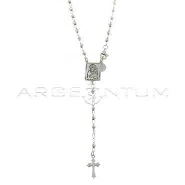 Y-shaped rosary necklace with smooth spheres and central rectangular medal with engraved Madonna white gold plated in 925 silver