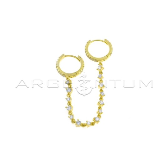 Mono earring with two white zircon circles and chain with white zircons yellow gold plated in 925 silver