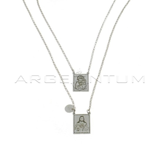 Escapulario necklace with rolo chain and engraved rectangular sacred medals, white gold plated in 925 silver