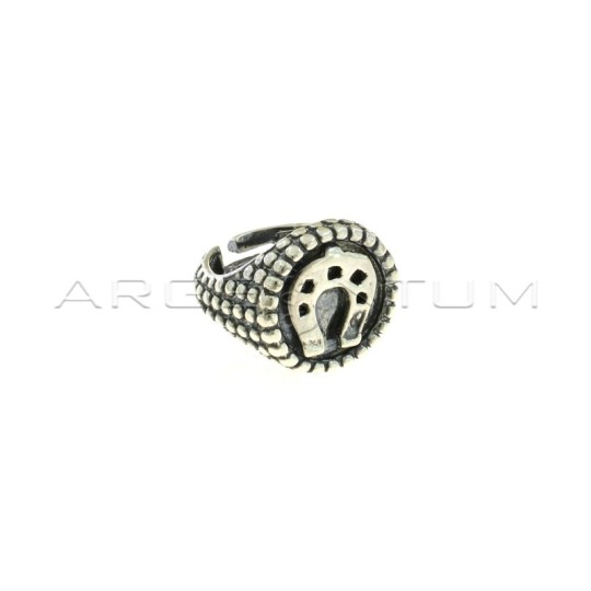 Adjustable dotted ring with round shield carved with horseshoe in 925 burnished silver