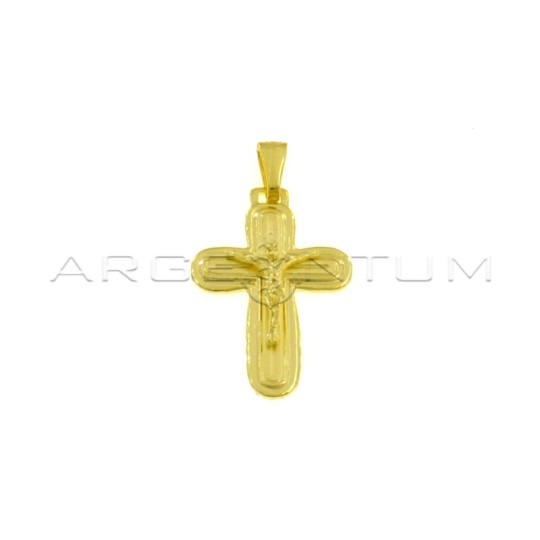 Ciondolo croce satinata e incisa con cristo microfuso placcato oro giallo in argento 925