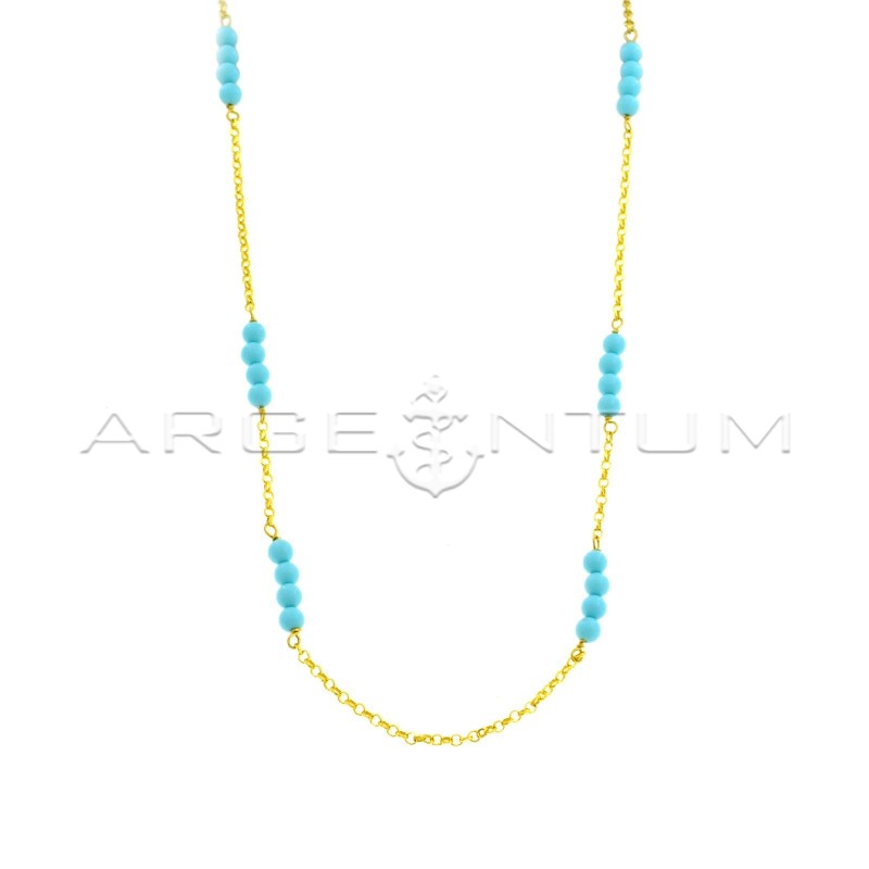 Diamond-coated rolò necklace with yellow gold plated turquoise paste spheres in 925 silver