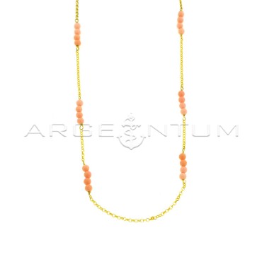 Diamond-coated rolò necklace with pink coral paste spheres, yellow gold plated in 925 silver