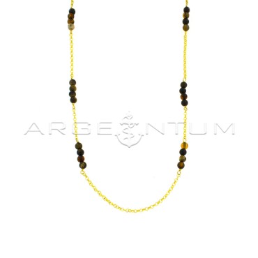 Diamond-coated rolo chain necklace with agate spheres in shades of brown, yellow gold plated in 925 silver