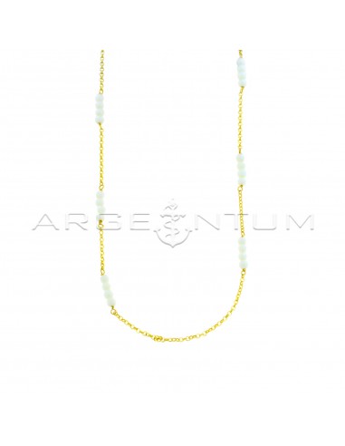 Diamond-coated rolo link necklace with faceted white agate spheres yellow gold plated in 925 silver