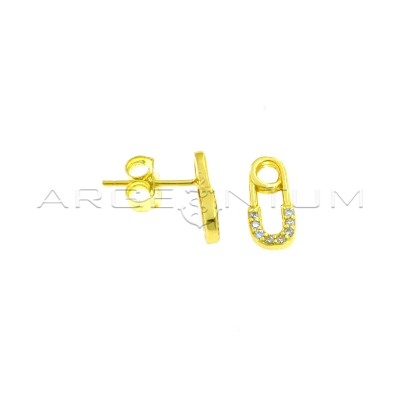 Yellow gold plated white zircon safety pin lobe earrings in 925 silver