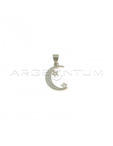 Ciondolo luna zirconata bianca con sagome stelle lucide placcato oro bianco in argento 925